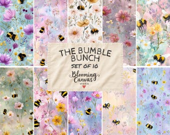 Bumble Bee Seamless Patterns Set of 10, Watercolour Wildflower Meadow Bundle, Cottagecore Digital Paper Pack, Cute Botanical Fabric Designs