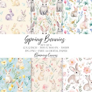 Lot de 6 motifs sans couture lapins printaniers, lot de papiers numériques floraux printaniers aquarelle, motif répété pour tissu, scrapbooking et travaux manuels
