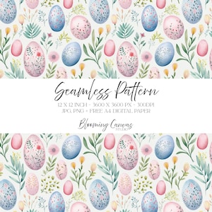 Può includere: Un motivo senza cuciture con uova di Pasqua ad acquerello nei toni del rosa e del blu, decorate con motivi floreali e fogliame verde. Il testo "Seamless Pattern" e altri dettagli sono inclusi.