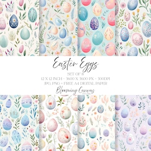 Può includere: Un set di otto carte digitali con disegni di uova di Pasqua ad acquerello. Le uova sono decorate con elementi floreali e botanici in colori pastello. Il testo "Easter Eggs" e "Blooming Canvas Studio" sono visibili.