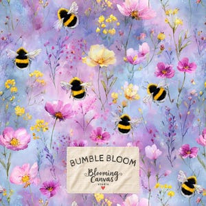 May include: A fabric pattern featuring a watercolor-style background in shades of purple and blue, decorated with yellow and pink wildflowers and bumblebees. A rectangular label in the center displays the text BUMBLE BLOOM Blooming Canvas studio.