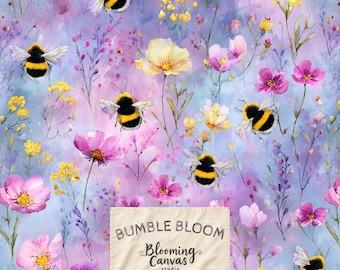 Bumble Bee Seamless Pattern, Watercolour Flower Meadow Design, Pink Blue Lilac Floral Field, Spring Garden Insects, Nursery Digital Paper