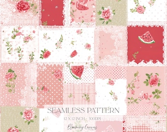 Watermelon Patchwork Seamless Pattern, Pink Red & Green Cottagecore Design, Gingham Lace Quilt Style Digital Paper, Floral Coquette Print