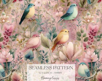 Birds Seamless Pattern, Pretty Delicate Pink Floral Design, Watercolour Forest Print, Spring Garden Bird, Nursery Fabric Print, Junk Journal