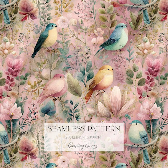 Birds Seamless Pattern, Pretty Delicate Pink Floral Design, Watercolour Forest Print, Spring Garden Bird, Nursery Fabric Print, Junk Journal