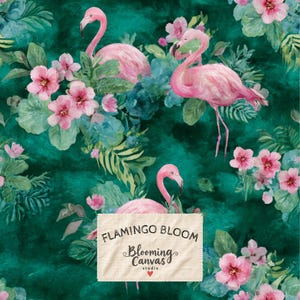 May include: A fabric pattern featuring pink flamingos and clusters of pink flowers set against a deep emerald green watercolor background. A rectangular cream-colored label is centered at the bottom with the text FLAMINGO BLOOM Blooming Canvas studio.