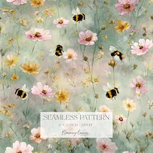 Pode incluir: Um padrão contínuo com flores silvestres cor-de-rosa e amarelas em estilo aguarela sobre um fundo verde sálvia suave, intercaladas com abelhões felpudos. A imagem inclui o texto: SEAMLESS PATTERN, 12 X 12 INCH - 300DPI, Blooming Canvas.