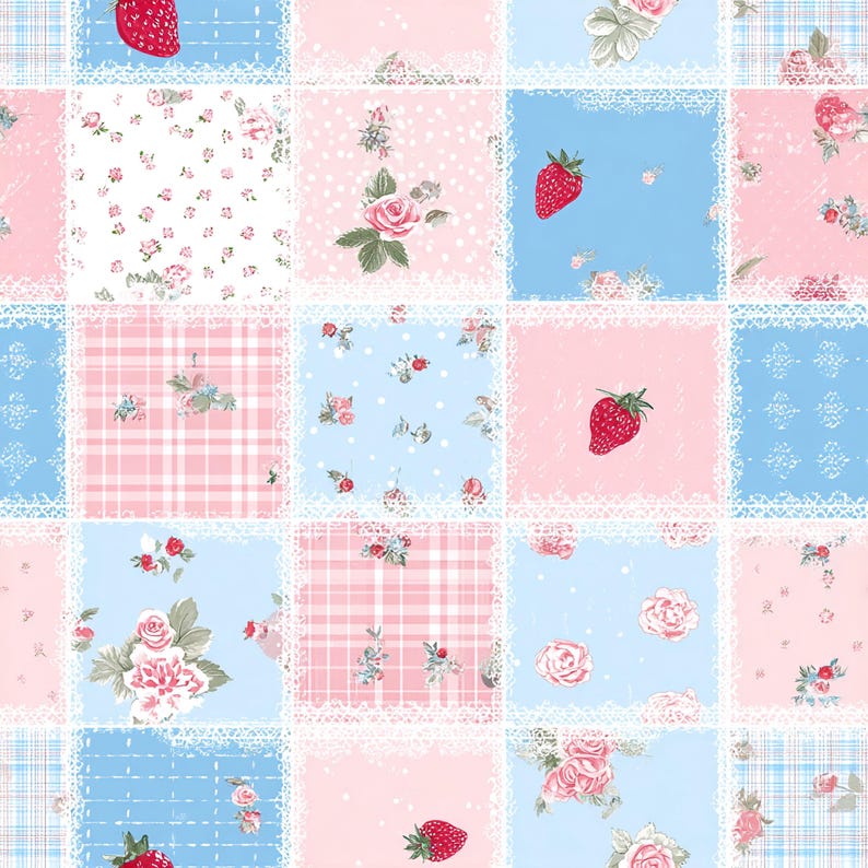 Strawberry Patchwork Seamless Pattern, Ditsy Rose Quilt Style Digital Paper, Cottagecore Gingham & Lace Design, Fruit Coquette Fabric Design image 3