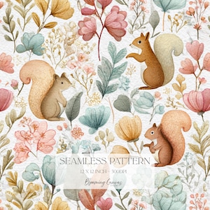 Può includere: Un motivo continuo con scoiattoli marroni, fiori rosa e gialli e fogliame verde su sfondo bianco. Il testo recita SEAMLESS PATTERN, 12 X 12 INCH - 300DPI, e Blooming Canvas Studio in un carattere chiaro centrato sull'immagine.