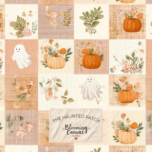 Padrão de patchwork fantasma sem costura, papel digital de Halloween, estampa fofa de tecido de outono, repetição de abóbora e cogumelo, fundo para colcha de outono