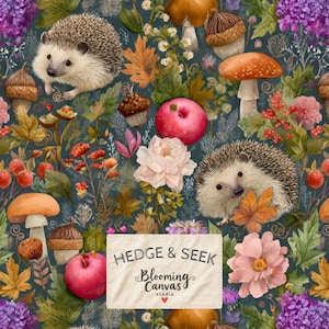 May include: A fabric pattern featuring hedgehogs, red apples, brown acorns, orange mushrooms, and pink flowers on a dark background. A rectangular label in the centre displays the text HEDGE & SEEK Blooming Canvas studio with a small red heart.