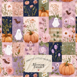 Halloween Patchwork Seamless Pattern, Ghost & Pumpkin Repeat, Bat and Floral Quilt Digital Paper, Cute Fall Design for Fabric and Crafts