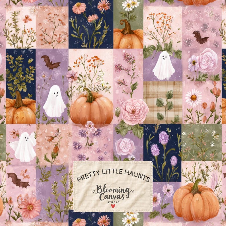 May include: A fabric pattern featuring a patchwork of rectangular panels with illustrations of orange pumpkins, white ghosts, brown bats, and various pink, white, and purple flowers. A central label reads PRETTY LITTLE HAUNTS Blooming Canvas studio.