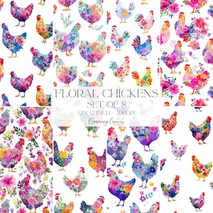 Floral Chicken Seamless Patterns Set of 8, Whimsical Hen Bundle, Colourful Cottagecore Digital Papers, Quirky Farm Animal Prints