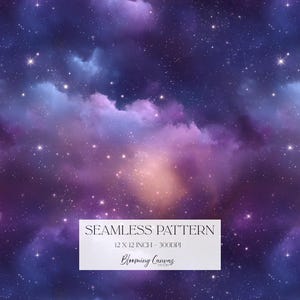 May include: Seamless pattern featuring a vibrant depiction of a starry night sky. The design showcases a blend of deep blues, purples, and pinks, with scattered stars and cloud-like formations. The text "Seamless Pattern" and "Blooming Canvas Studio" are included.
