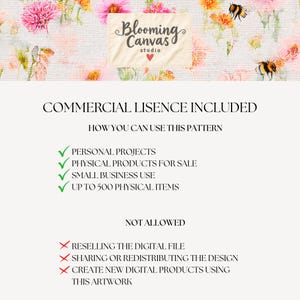 Peut inclure: Un motif num&eacute;rique pr&eacute;sentant des fleurs roses et orange de style aquarelle avec des abeilles, &eacute;tiquet&eacute; Blooming Canvas Studio. Le texte d&eacute;crit les conditions de licence commerciale, autorisant l'usage personnel et professionnel pour 500 articles physiques, tout en interdisant la revente ou la redistribution du fichier num&eacute;rique.