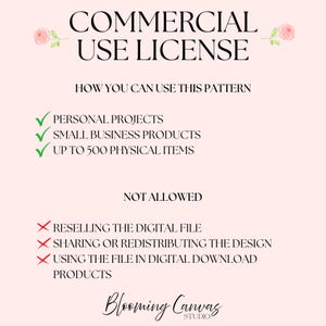 May include: A commercial use licence document with a pale pink background and pink rose illustrations. The text outlines usage terms, including personal projects, small business products up to 500 items, and restrictions on reselling or sharing the file.