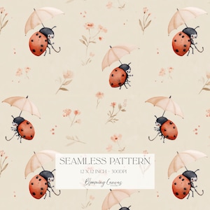 Pode incluir: Padrão sem costura com ilustrações em aquarela de joaninhas segurando guarda-chuvas, em um fundo creme com detalhes florais. As joaninhas são vermelhas com pintas pretas. O texto "SEAMLESS PATTERN" é exibido.