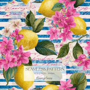 Könnte beinhalten: Nahtloses Muster mit gelben Zitronen, rosa Blüten und grünen Blättern auf einem blau-weiß gestreiften Hintergrund. Das Design enthält handschriftliche Elemente. Der Text lautet "Seamless Pattern" und "12 x 12 inch - 300 DPI".
