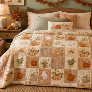 Peut inclure: Un couvre-lit en patchwork pr&eacute;sentant un motif de grille r&eacute;p&eacute;titif avec des illustrations de citrouilles orange, de fant&ocirc;mes blancs et de feuillages d'automne dans des tons marron, vert et cr&egrave;me. Le couvre-lit a une texture matelass&eacute;e.