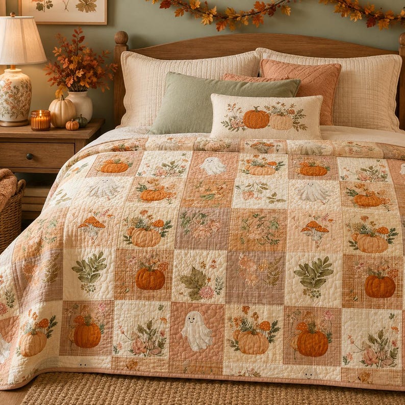 Peut inclure: Un couvre-lit en patchwork pr&eacute;sentant un motif de grille r&eacute;p&eacute;titif avec des illustrations de citrouilles orange, de fant&ocirc;mes blancs et de feuillages d'automne dans des tons marron, vert et cr&egrave;me. Le couvre-lit a une texture matelass&eacute;e.