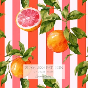 Rosa grapefrukt sömlöst mönster, ljust randigt tryck, sommarcitrus upprepad bakgrund, tropisk frukt digitalt papper, preppy tygdesign