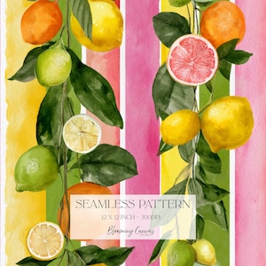 Citrus Fruits & Stripes Seamless Pattern, Watercolour Oranges Lemons Limes and Grapefruit, Bright Tropical Fabric Design