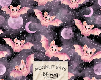 Motif sans couture de chauves-souris mignonnes pour Halloween, impression aquarelle lune et ciel nocturne, papier numérique mignon et effrayant pour chambre d'enfant, motif de tissu gothique fantaisiste