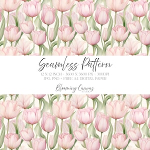 May include: A seamless pattern featuring watercolor-style pink tulips with green stems and leaves on a cream background. The text "Seamless Pattern" is displayed above the dimensions and file type information. The Blooming Canvas Studio logo is at the bottom.