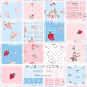 Strawberry Patchwork Seamless Pattern, Ditsy Rose Quilt Style Digital Paper, Cottagecore Gingham & Lace Design, Fruit Coquette Fabric Design