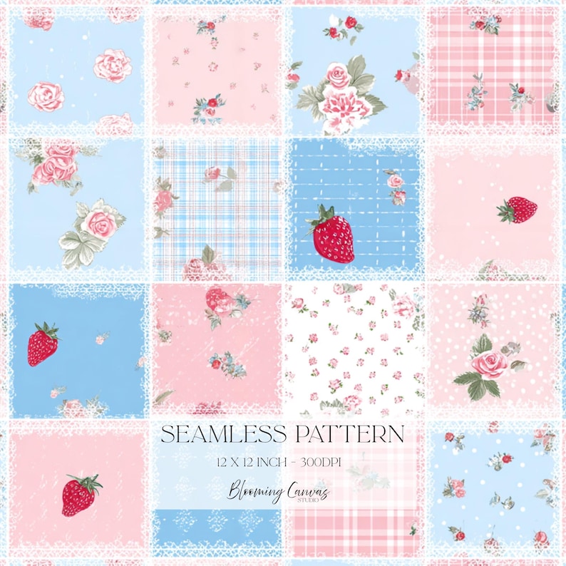 Strawberry Patchwork Seamless Pattern, Ditsy Rose Quilt Style Digital Paper, Cottagecore Gingham & Lace Design, Fruit Coquette Fabric Design image 1