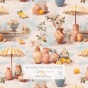 May include: A seamless pattern featuring watercolor illustrations of terracotta vases, yellow and white striped umbrellas, and fresh lemons. The design includes text that reads SEAMLESS PATTERN 12 X 12 INCH - 300DPI Blooming Canvas Studio.