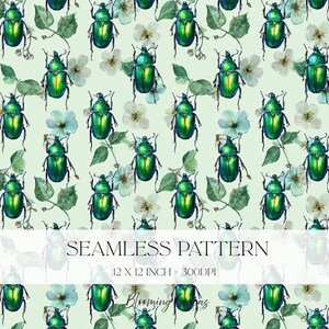 Green Beetle Seamless Pattern, Insect Digital Paper, Floral Background, Cottagecore Woodland Print, Scrapbook & Junk Journal Craft