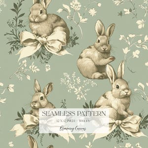 May include: Seamless pattern featuring illustrations of rabbits with cream-colored bows and floral accents on a muted teal background. The text "Seamless Pattern" and "Blooming Canvas Studio" are also visible.
