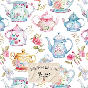 May include: A repeating pattern of watercolor teapots in various pastel shades of blue, pink, and yellow, decorated with floral motifs and green leaves. A central rectangular label features the text BREW-TEA-FUL Blooming Canvas studio.