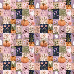 May include: A repeating pattern fabric featuring a patchwork grid of squares. The design includes illustrations of orange pumpkins, white ghosts, small brown bats, pink roses, and various wildflowers set against backgrounds of pink, navy, and tan.
