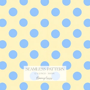 Puede incluir: Un patrón continuo de lunares azul claro dispuestos en una cuadrícula repetitiva sobre un fondo amarillo pálido. Un recuadro blanco contiene el texto: SEAMLESS PATTERN, 12 X 12 INCH - 300DPI, y Blooming Canvas Studio.