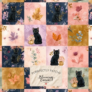 Pode incluir: Um padrão de tecido com uma grade de quadrados ilustrando gatos pretos, folhas de outono e ramos florais em tons de azul-marinho, laranja, rosa e dourado. Uma etiqueta retangular diz Purrfectly Patchy Blooming Canvas studio.