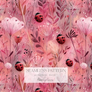 Könnte beinhalten: Nahtloses Muster mit einem Aquarelldesign aus rosa und roten Blumen, Blättern und Marienkäfern. Die Marienkäfer haben rote Schalen mit schwarzen Punkten. Der Text "SEAMLESS PATTERN" wird zusammen mit den Abmessungen von 30.5 x 30.5 cm und 300 DPI angezeigt.