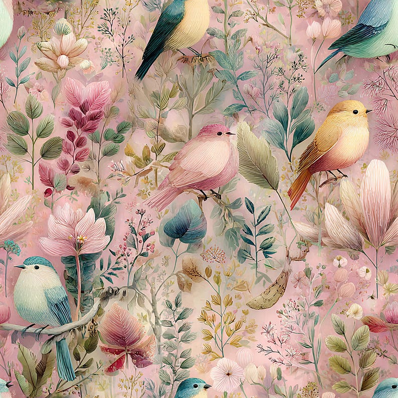 May include: A seamless pattern featuring colorful birds and floral elements. The birds are depicted in shades of blue, pink, and yellow, perched among delicate flowers and foliage. The background is a soft pink, creating a whimsical and nature-inspired design.