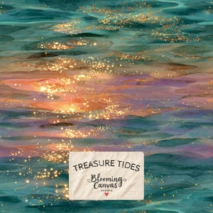 May include: A digital print featuring abstract fluid waves in shades of teal, purple, and peach, accented with shimmering gold glitter particles. A rectangular white label at the bottom displays the text TREASURE TIDES Blooming Canvas studio.
