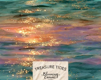 Glistening Ocean Seamless Pattern, Sunset on Water Digital Paper, Teal Aqua Abstract Waves, Sparkling Sea Texture, Coastal Fabric Design