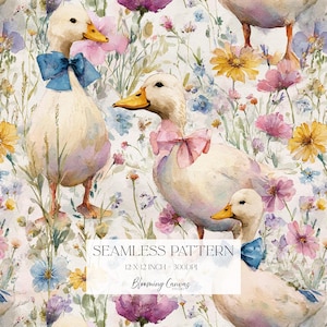 May include: A watercolour seamless pattern showcasing white ducks adorned with pastel bows, set amidst a vibrant floral arrangement. The design includes the text "SEAMLESS PATTERN" and "12 x 12 INCH - 300DPI". The pattern is 30.48 cm x 30.48 cm.
