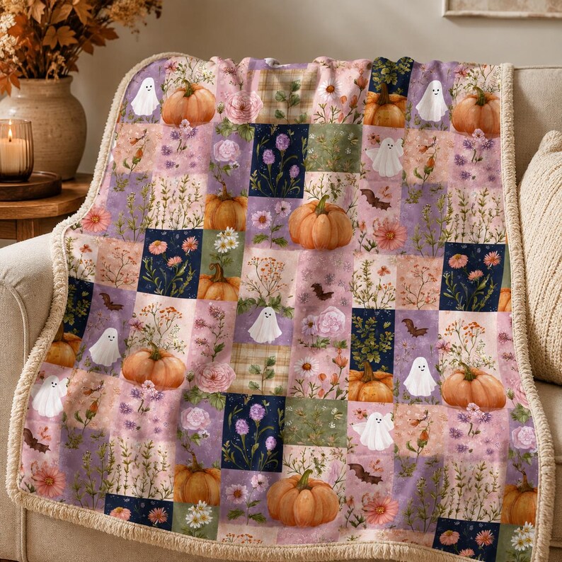 May include: A soft throw blanket featuring a patchwork design of autumn-themed squares. The pattern includes illustrations of orange pumpkins, white ghosts, small brown bats, and various floral arrangements in shades of pink, purple, and green.