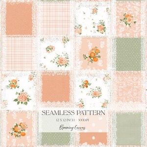 Apelsiner lapptäcke sömlöst mönster, citrus cottagecore design, gingham spets blommig quiltstil digitalt papper, persika och grönt koketttryck