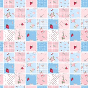May include: A repeating patchwork fabric pattern featuring alternating squares of light blue and soft pink. The design includes illustrations of red strawberries, small pink roses, white floral sprigs, and plaid textures with white lace-like borders.