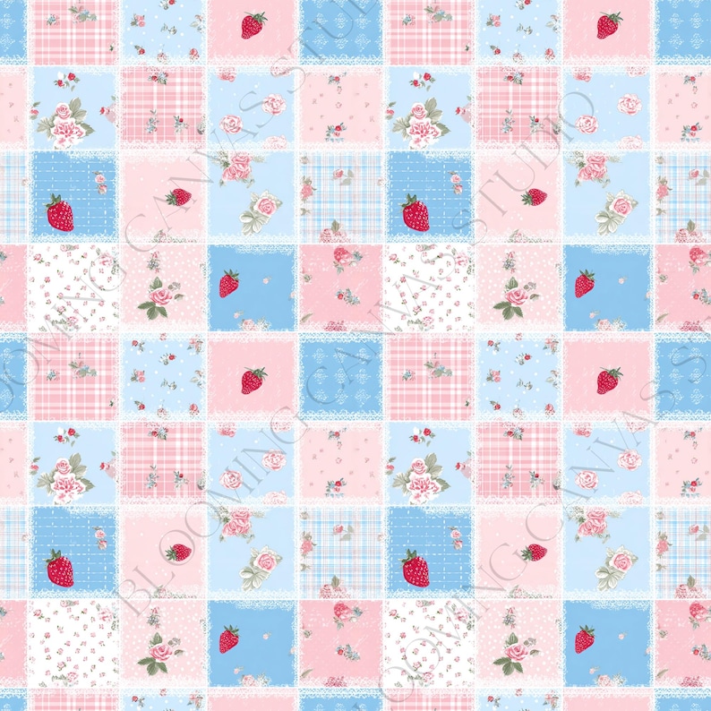 May include: A repeating patchwork fabric pattern featuring alternating squares of light blue and soft pink. The design includes illustrations of red strawberries, small pink roses, white floral sprigs, and plaid textures with white lace-like borders.