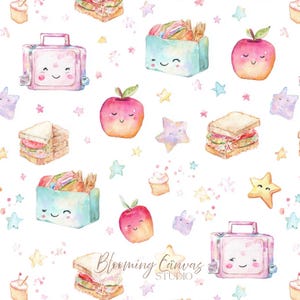 May include: A repeating pattern featuring watercolour illustrations of smiling pink lunchboxes, light blue snack containers, red apples, and sandwiches on a white background with small stars. The text Blooming Canvas STUDIO is visible.