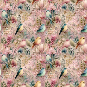 May include: A seamless pattern featuring colorful birds perched among flowers and foliage. The birds are in shades of blue, yellow, and pink, set against a soft pink background with green and brown accents. The design has a watercolor effect.