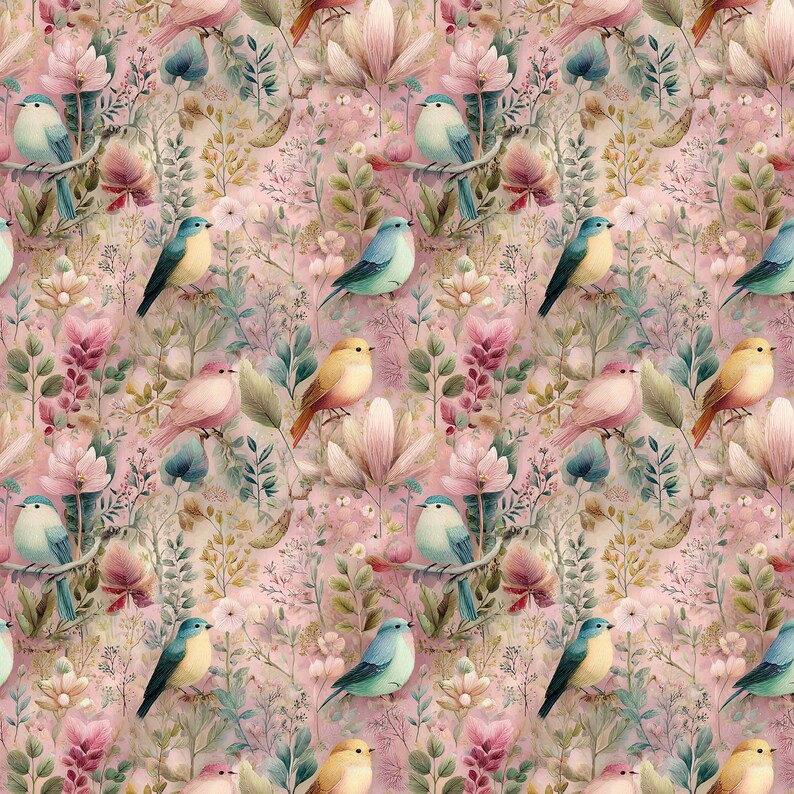 May include: A seamless pattern featuring colorful birds perched among flowers and foliage. The birds are in shades of blue, yellow, and pink, set against a soft pink background with green and brown accents. The design has a watercolor effect.